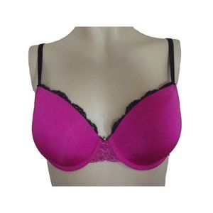 Fredericks Hollywood 34B Smooth Microfiber Fuchsia Pink Black Lace Push Up Bra